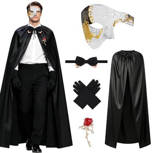 5Pcs The Opera Costume Accessories Set Mens Masquerade Costume Set with Half Face Venetian Mask, Long Cape, Gloves, Bow Tie and Red Rose Brooch for Halloween Carnivals Masquerade Party Cosplay