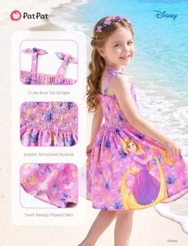 Image of Disney Princess Frozen Elsa Minnie Stitch Toddler Girl Dress Bow Tie Straps Smocked Summer Outfit Birthday Party Clothes 2-9Y