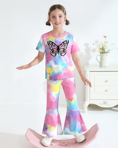 Image of CARETOO Girls Summer Outfit Poster Girl Matching Sister 2pcs Sets Printed t-Shirt + Flare Leg Pants For 3-10 Years