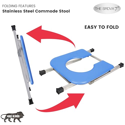 Image of Stainless Steel Premium Folding Shower Bathing Room Mobile Commode Stool Indian Toilet Seat for Elderly Disabled Men and Pregant Women Support Safe Chair Anti-Slip (Blue)