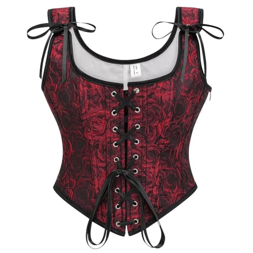 SHYMMUO Red Black Renaissance Corset Top for Women Lace Up Bustier Vest Rose Floral Vintage Overbust Waist Cincher Bodice XL