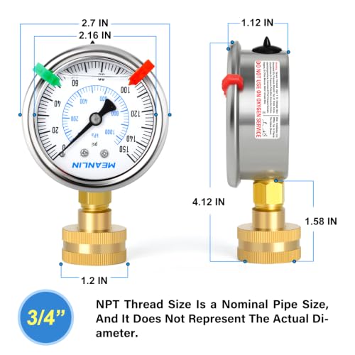 Image of MEANLIN 0~150Psi 3 /4 inch FNPT 2.5 inch FACE DIAL Liquid Filled Pressure Gauge | Stainless Steel Frame WOG Water Oil Air Water Pressure Test Table with Sealing Ring