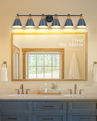 Image of FEMILA Vintage Bathroom Light Fixtures, 45.3 inch Vanity Lighting Fixtures Over Mirror, 6 Light Vanity Light, Blue Finish, 4FG59B-6W Blue