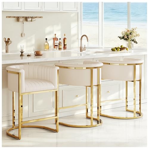 Mearounliving 26 H Counter Height Bar Stools Set of 3 Modern Barrel Counter Stools with Backrest and Arms Faux Leather Upholstered Barstools for Kitchen Island Gold Stainless Steel Frame/Beige