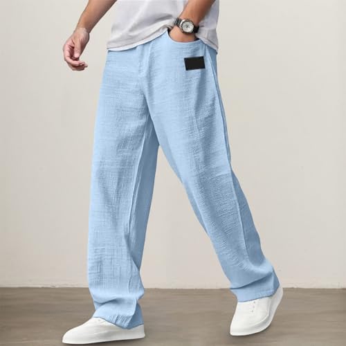 Mens Casual Hemp Fabric Embroidered Pants Lightweight Logo Drawstring Loose Pants Elastic Waist Trousers with Pockets2