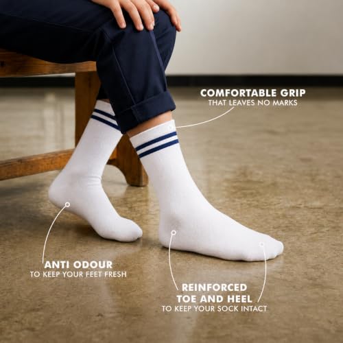 Image of Supersox Regular School Uniform Socks for Kids | White with Navy Stripe | Combed Cotton, Breathable, Moisture Absorbent & Anti Odour | Extra Durable Welt for All-Day Comfort | Pack of 5
