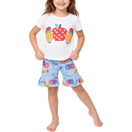 Image of Toddler Girls Back to School Pencil Outfits Set Ruffle T-Shirt Dress and Pants Outfit Set 3-8Years