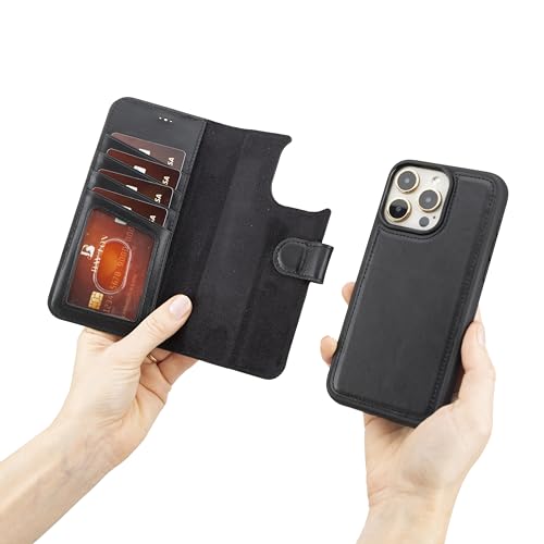 Bayelon Wallet Case for iPhone 15 Pro Max, Full Grain Leather Wallet, Detachable Magnetic Flip Cover, Card Holder, iPhone 15 Pro Max Wallet Case, MagSafe Compatible, RFID Blocking (Rustic Black)