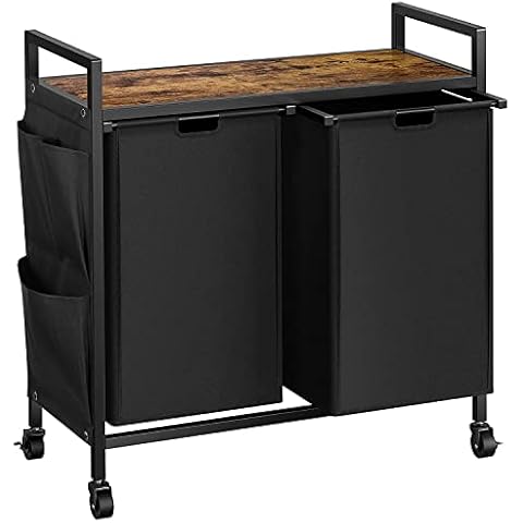 WOWLIVE Double Laundry Hamper with Lid,Rolling Laundry Basket Organizer with Wheels, Iron-Made Laundry Sorter with Top Shelf and 2 Removable Bags,Large Capacity Laundry Storage for Room,Black Cover