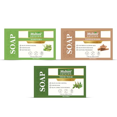 Image of Multani Natural Assorted Soap - 125 gm (Pack of 3) | Neem Tulsi + Sandalwood + Aloe Vera Soaps | For Tan Removal and Skin Brightening |Ayurvedic Handmade Bath Bar | For All Skin Types | Soap Bar For Men & Women