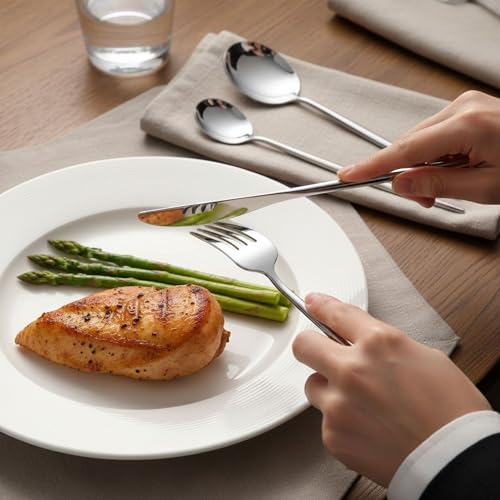 Image of Slim Handle Silver 10 Pcs Stainless Steel Cutlery Set for Dining Table, Dishwasher Safe Glossy Flatware (2 Spoon Set+2 Forks Set+2 Butter Knife+2 Dessert Spoon+ 2 Fruit Fork)