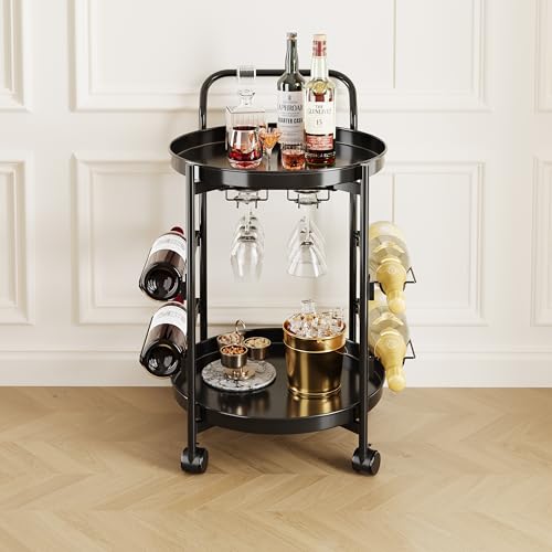 Luwesde - Carrito de bar negro, mini carrito de 2 niveles para el hogar, carrito de servicio de bebidas de café de vino negro, 6 soportes de vidrio, 4 botellas de almacenamiento...