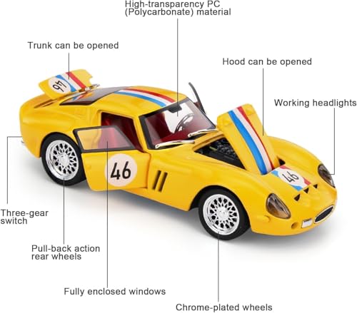 Image of 1 /32 Ferrari Race and Ferrari 250 GTO Model Luxury Car Toy Metal Pull Back Diecast Car with Openable Door and Sound Light, Gifts Toys for Kids【 Yellow 】