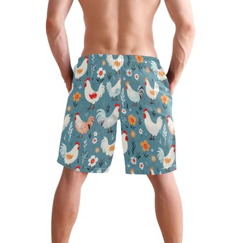 Men's Chicken Farmhouse Blue Swim Trunks Novelty Beach Shorts Quick Dry Swimming Board Trunks3