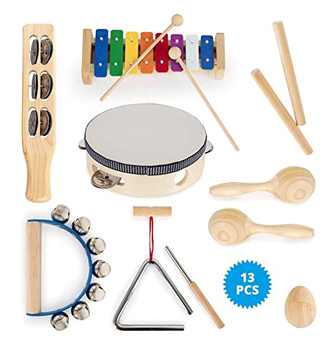 Classic Cantabile Kinder-Percussion Set - 13-Teiliges Percussion Set mit Glockenspiel, Tambourin aus Holz, Maracas, Triangel und Egg-Shaker - Ideal für Kindergarten und Musikalische Früherziehung Cover