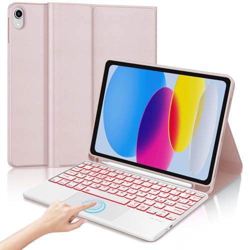 Teclado iPad A16 11/10 Generación (2025/2022) con Touchpad, Funda Teclado para iPad 10 Gen 10.9"/11 Generación 11 Pulgadas, Español Ñ Bluetooth Retroiluminación con Despetar/Dormir Auto Funda, Rosa