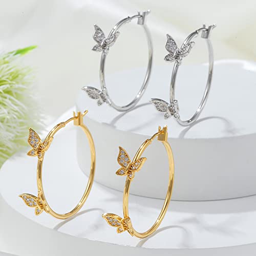 Dainty Butterfly Large Huggie Hoop Earrings For Women Girls Crystal Cubic Zirconia Endless Round Hoops Statement Earring Boho Jewelry Gifts Birthday (Silver) #TOP4