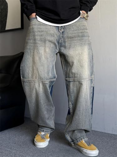 Men’S Trendy Vintage Oversized Loose Baggy Cotton Trousers Button Fly Distressed Washed Patchwork Full Length Jeans3