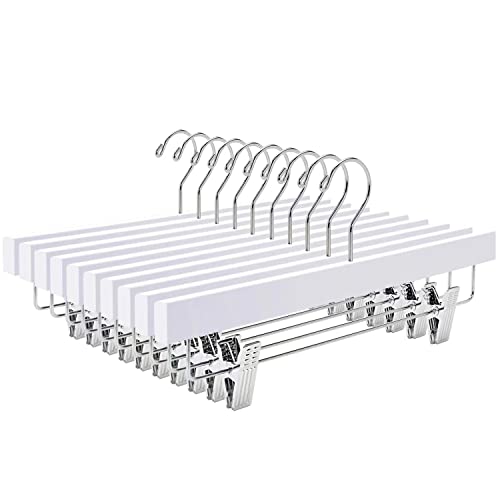 Amber Home 10 Unidades 35,5cm Perchas de Madera Blanco, Robusta y Brillante Percha para Pantalones Shorts Faldas Calcetines y Ropa Interior, con Clips Antideslizantes y Ganchos Giratorios Cover