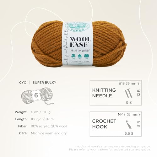 (1 Skein) Lion Brand Yarn Wool-Ease Thick & Quick Bulky Yarn, Butterscotch, 261 Foot (Pack of 1)