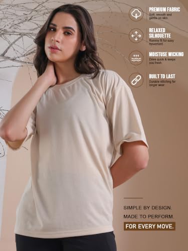 Image of CHKOKKO Oversized Round Neck Drop Shoulder Solid Polyester Full Sleeves T-Shirt for Women