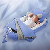 Joyz 5-delige babynest set walvisprint met blauwe minky 90x50 cm van katoen inclusief knuffeldoekje kussen en uitneembare matras babynestje babycocon bedje voor pasgeborenen knuffelnest en reisbedje