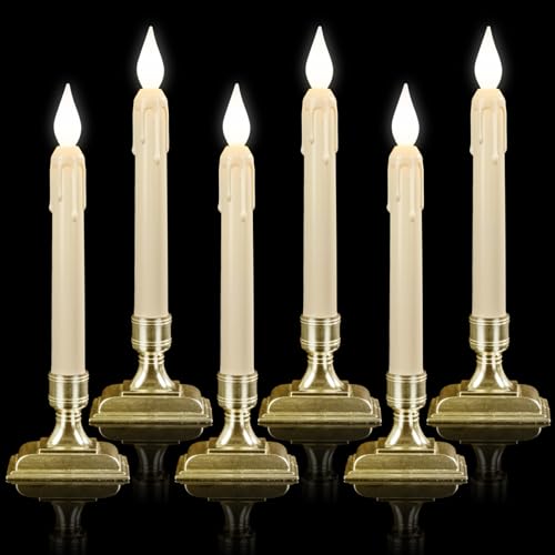 Image of 6 Pcs Sensor Dawn to Dusk Window Candles, Flickering Battery Candles for Windows, Ultra Bright Fake Candle Lights with Gold Holders, Led Candlesticks for Xmas Home Decor, White Light