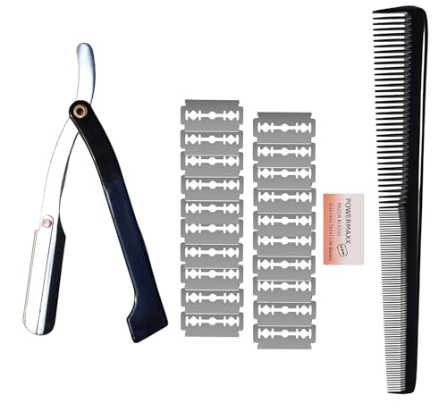 Professional Barber Straight Edge Razor with Stainless-Steel Coated Blade Holder, 20 Double-Edge Blades & Styling Comb for Men, Perfect for Shaving, Beard Shaping & Salon Grooming Kit