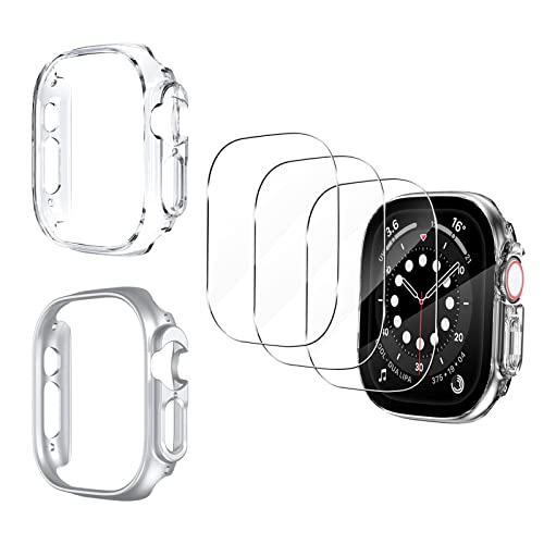 Yenwen Funda Compatible con Apple Watch Ultra 49mm, 2 Piezas PC Dura Funda + 3 Piezas Cristal Templado Protector Pantalla, HD Anti Arañazo Protección Carcasa - Transparente + Argentífero Cover