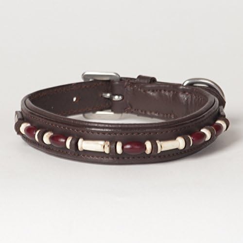 Small Genuine Leather Padded Beaded Decorated Dakota Dog Collar, Fits 12" - 14" Neck Size