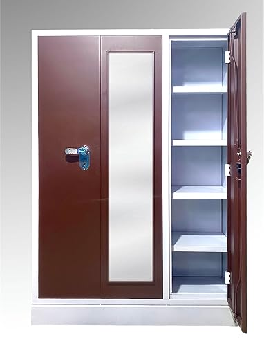 Image of MKFURNITURE Steel Almirah Wardrobe 3 Door with Mirror Cupboard | Wardrobe Storage Rack Closest Organizer for Clothes | 2 Hanging Space Single Locker with Letter Box | Modern Storage Wardrobe (Brown)