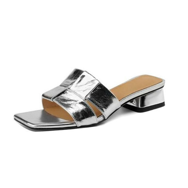 Women'S Patent Leather Braid Chunky Heeled Summer Slides Sandals, Simple Fashionable Square Open Toe Low Block Heel Dress Sandals, Comfortable Beach Walking Party Slippers