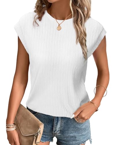 Tanmolo T-Shirt Damen Oberteile Sommer Tank Top mit Flügelärmeln Rundhals Strukturiertes Strickmaterial Unifarben Basic Bluse Elegant Casual Weiß, S