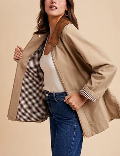 Lviefent Womens Contrast Corduroy Collar Jacket Zip Up Jacket Casual Coat Long Sleeve Outwear with Pockets4