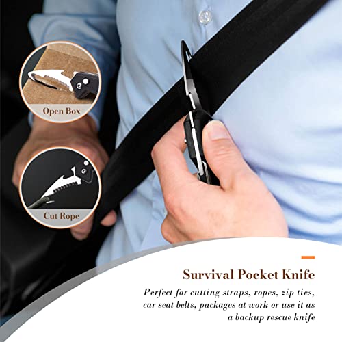Funbro 2 Pack Folding Knife Box/Seatbelt Cutter Package Opener, 2 In 1 Edc Multitool With Bottle Opener And Serrated Sharp Blade, Survival Rescue Knives With Carabiner For Everyday Carry #TOP4