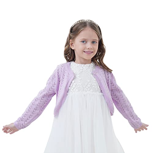 Image of Girls' Crochet Knitted Cardigan Sweater Bolero Shrug Kids Long Sleeve Button Closure Cropped Knitwear Cover Up,Light Purple,9 /10