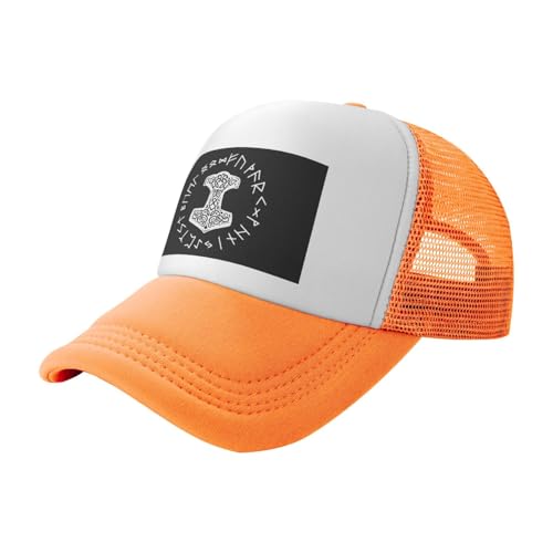 Vikings Mjolnir and Rune Wheel Norse Mythology Symbol Trucker Hat Snapback Mesh Baseball Cap Unisex