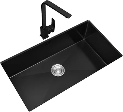 Aioneer Kitchen Sink Faucet Square Faucet Sink Single Sink Recessed Sink 304 Stainless Steel Sink Large Capacity Bar Sink-78-43cm Black