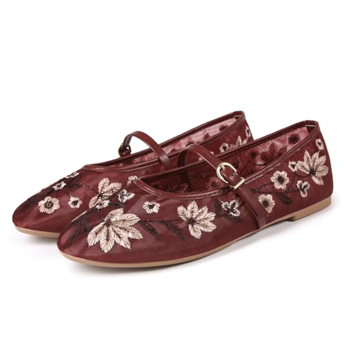 Image of MRKEWUNEY Mesh Ballet Flats for Women Embroidered Floral Round Toe Mary Jane