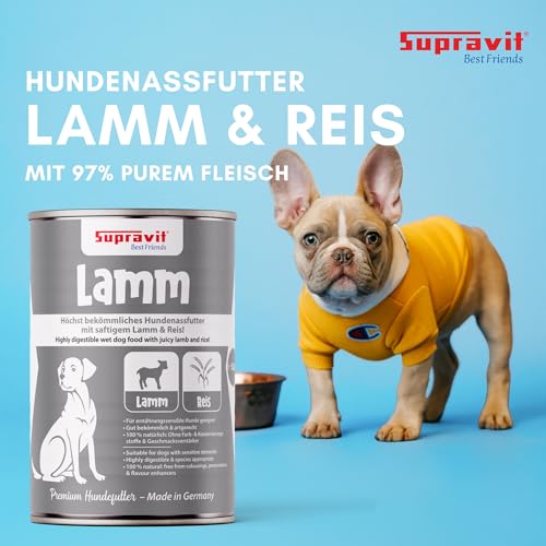 Supravit Nassfutter für Hunde I Hundefutter mit Lamm & Reis I 12 x 410g Dosen I Hunde Nassfutter I getreidefrei I besonders gut verdaulich und verträglich für den Hund