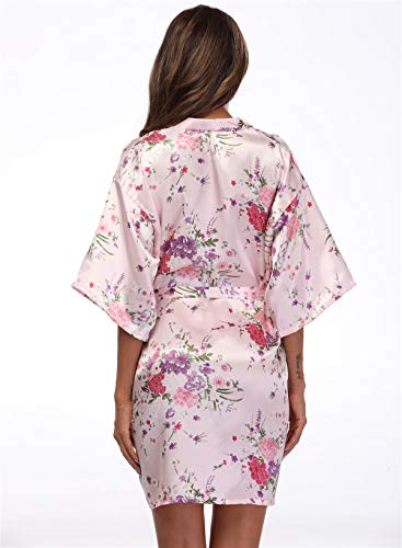 Women's Short Floral Kimono Robe Blossom Bathrobe for Wedding Party Bridal Dressing Gown Sleepwear Pink