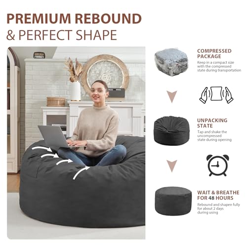 3FT Bean Bag Chair, Comfy Bean Bag Chairs with Memory Foam Filled, Fluffy Beanbag Sofa with Dutch Velvet Cover, Round BeanBag Chairs for Living Room, Playroom- Grey