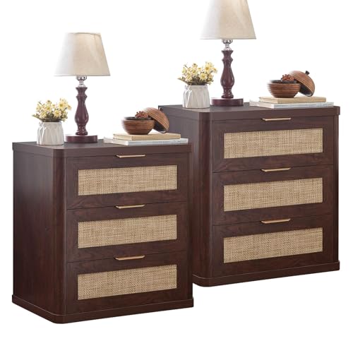 Image of LEYAOYAO Rattan Night Stand Set of 2 with Drawers, 23 inch Large 3 Drawer Boho Nightstand, Walnut Bedside Table Storage Cabinet, Bed Side End Tables Dresser for Bedroom, Living Room, Hallway, Closet