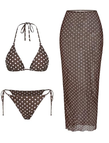 ZAFUL Womens 3pcs Swimsuit Floral Halter Triangle Bikini Top Tie Side Bottom with Long Sheer Cover Up Skirt Brown Polka Dot S