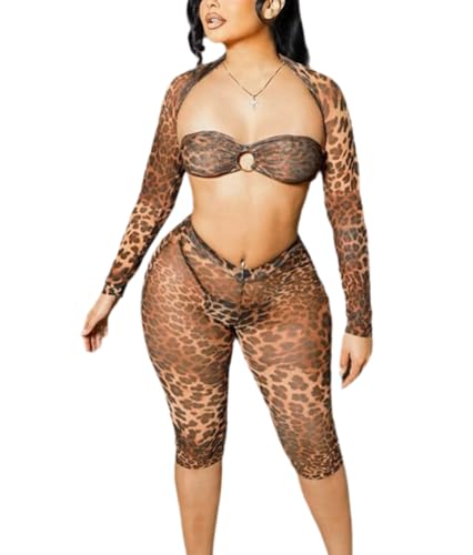 Cheetah Print Outfit for Women Sexy 3 Piece Stretchy See Through Sexy Club Outfits for Women Clubwear 2025