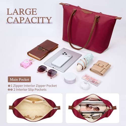 Image of Tote Bag for Women, Casual Hobo Bag Vegan Leather Top-Handle Purse Foldable Shoulder Nylon Zipper Handbag