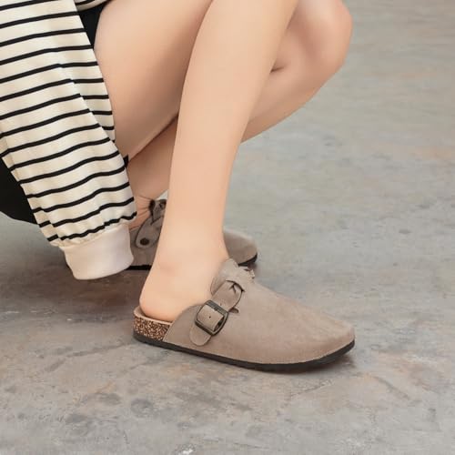 Image of Suede Clogs for Men Soft Cork Footbed Women's Clogs Mules with Arch Support, Adjustable Buckle Comfort Leather Potato Shoes, Slip-On Closed Toe Slippers
