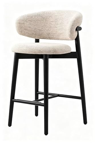 Hanaiette Mid-century bar chair curved backrest linen upholstery with walnut-stained metal legs modern bar stools suitable for bars and restaurants. (Beige with Black Metal Legs)