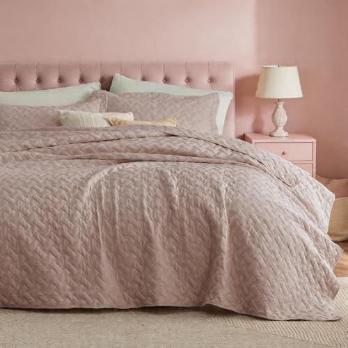 Image of Bedsure Quilts Twin Size - Lightweight Bedspreads Twin Size with Basket Weave Pattern, Soft Quilt Bedding Set, Dusty Rose Comforter Set Coverlet for All Seasons with 1 Pillow Sham (68 inch x 86 inch)