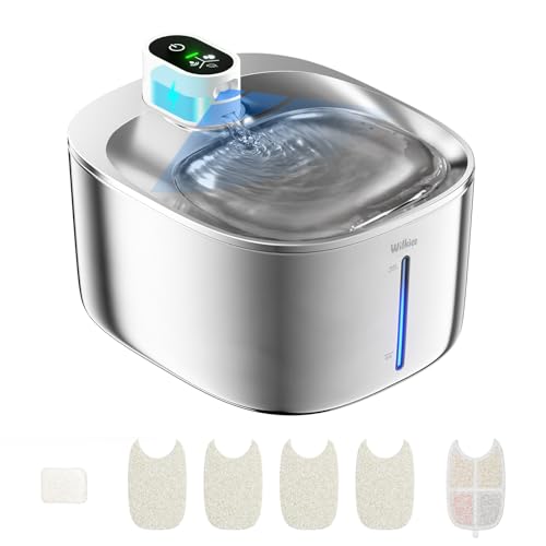 WILKIEE Katzenbrunnen Kabellos, 4.1L Trinkbrunnen für Katze Bewegungsmelder, 4000mAh Akku, leiser Wasserpumpe, Wasserwanne aus Edelstahl für Katzen und Hunde, mit Einem Satz Filter